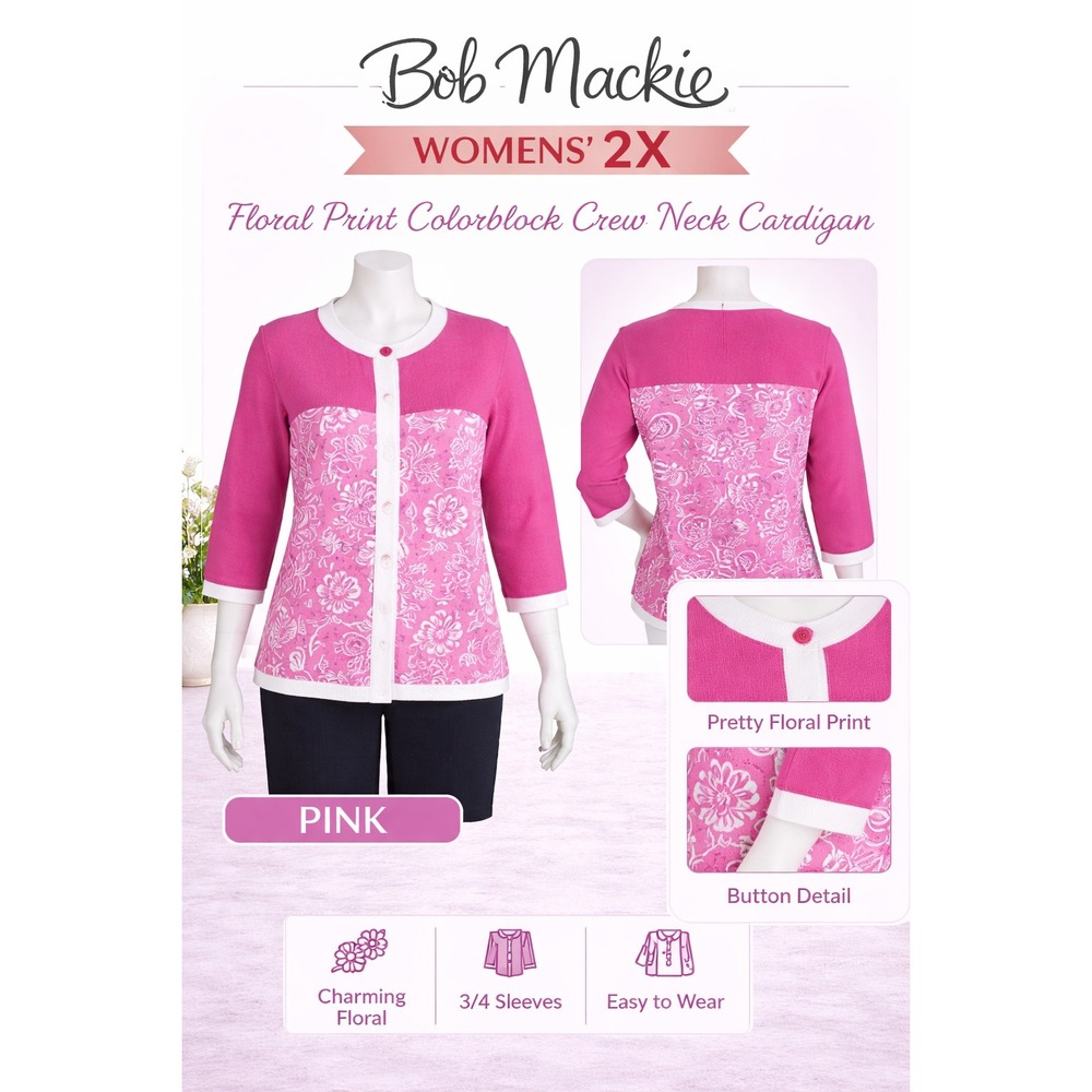 Bob Mackie Womens 2X Pink Floral Print Colorblock Crew Neck Cardigan A254141/79